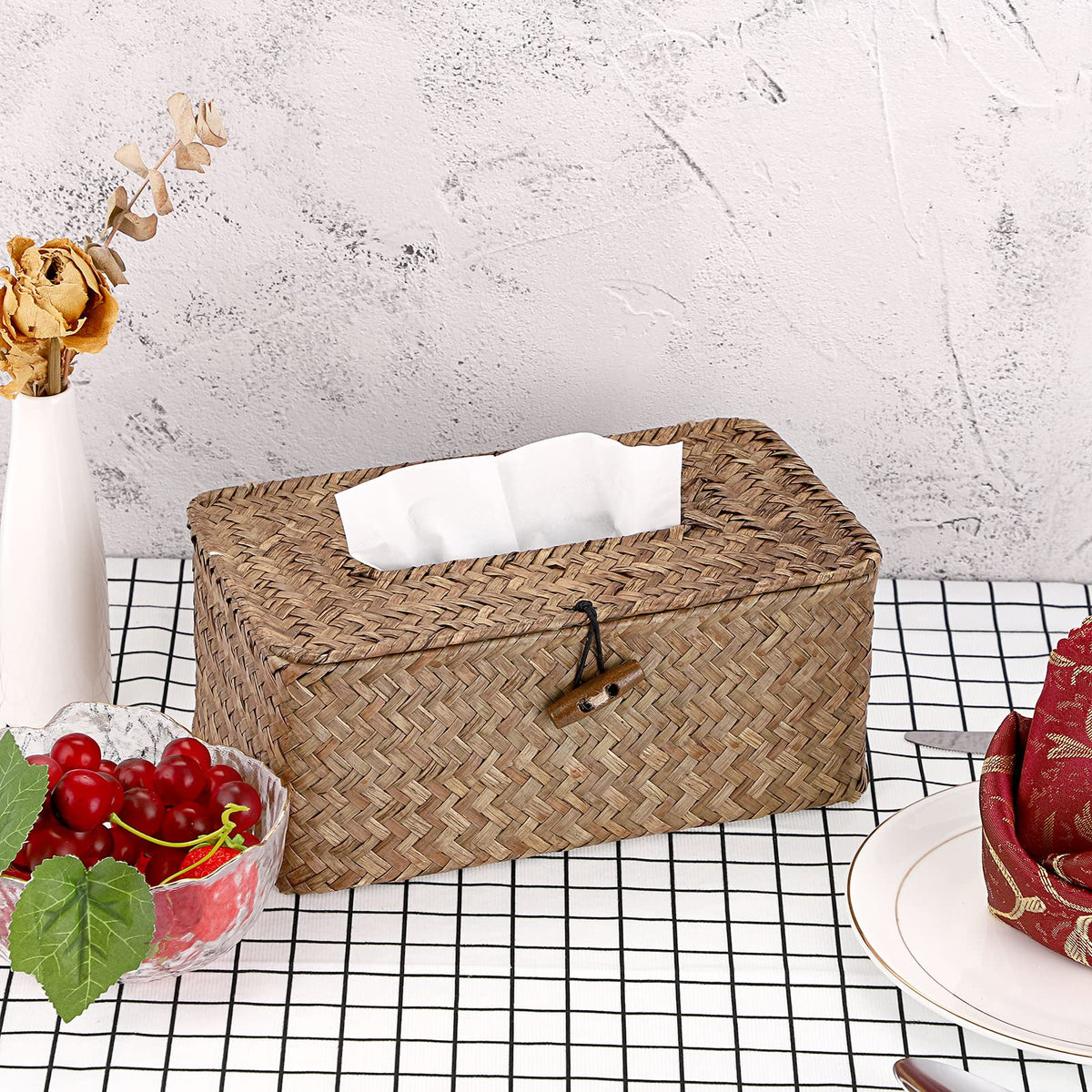 Sumnacon Tissue Box Cover Rectangle Tissue Box Seagrass Tissue Box Holder Woven Tissue Holder Decorative Tissue Cover for Bathroom Tissue Box Cover Rectangular for Home Office Table Coffee