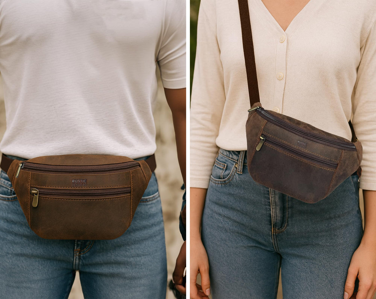 Leather Waist Pack for Men & Women - Full Grain Leather Fanny Bag, Adjustable Sling Purse & Chest Belt Bag - Multifunction Hip Bum Bag, Travel Pouch for Hiking Running & Cycling