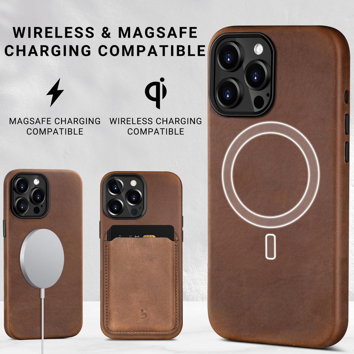 Belemay Compatible with iPhone 14 Pro Leather Case Magsafe - Top Grain Vintage Crazy Horse Leather - Metal Buttons & Camera Bezel Bump - Slim Fit & Soft - Premium Phone Cover (6.1-inch) Retro Brown