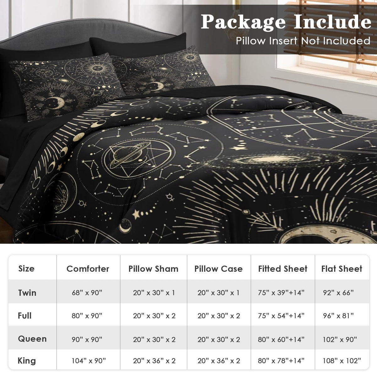 Pamnest Comforter Set Queen Size, Celestial Moon Witchy 7 Pcs Bedding for Kids and Adults, Space Science Galaxy Retro Bed Sheet Sets with Fitted Sheet 2 Pillowcases & 2 Shams for Bedroom Bed Decor