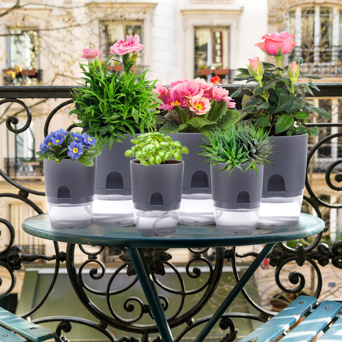 Aulock 6 pcs Self Watering Plant Pots - 4.1/3.2 in Plastic Planter with Drainage Holes, Flower Pots for African Violet, Mini Indoor Plants, Succulents, Herbs, Cactus, Basil, Grey