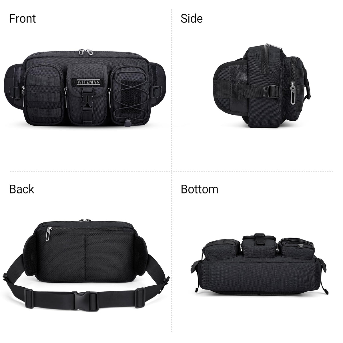 WITZMAN Fanny Pack for Men Fashion Waist Zipper Pack Bags Mens Belt Bag with Multi-pocket for Traveling Daily Walking（B733 Black）