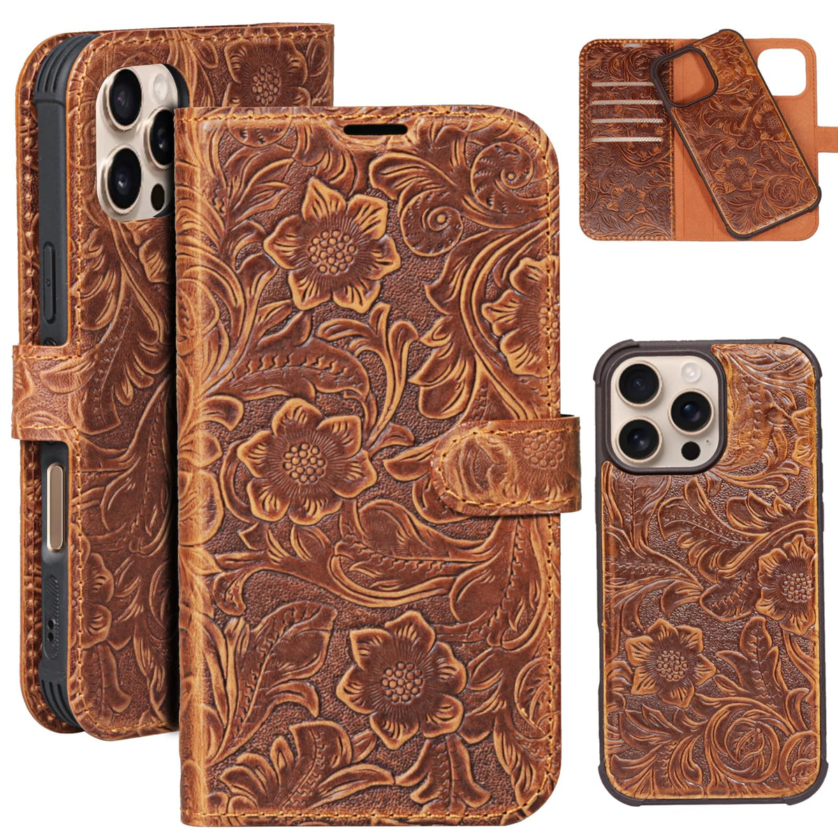 RMAWRAD Leather Case Compatible with iPhone 16 Pro Max Wallet 6.9",Genuine Leather 2in1 Magnetic Detachable Shockproof Kickstand,Flip Folio Cover with Card Slot,Wireless Charging RFID Blocking Brown