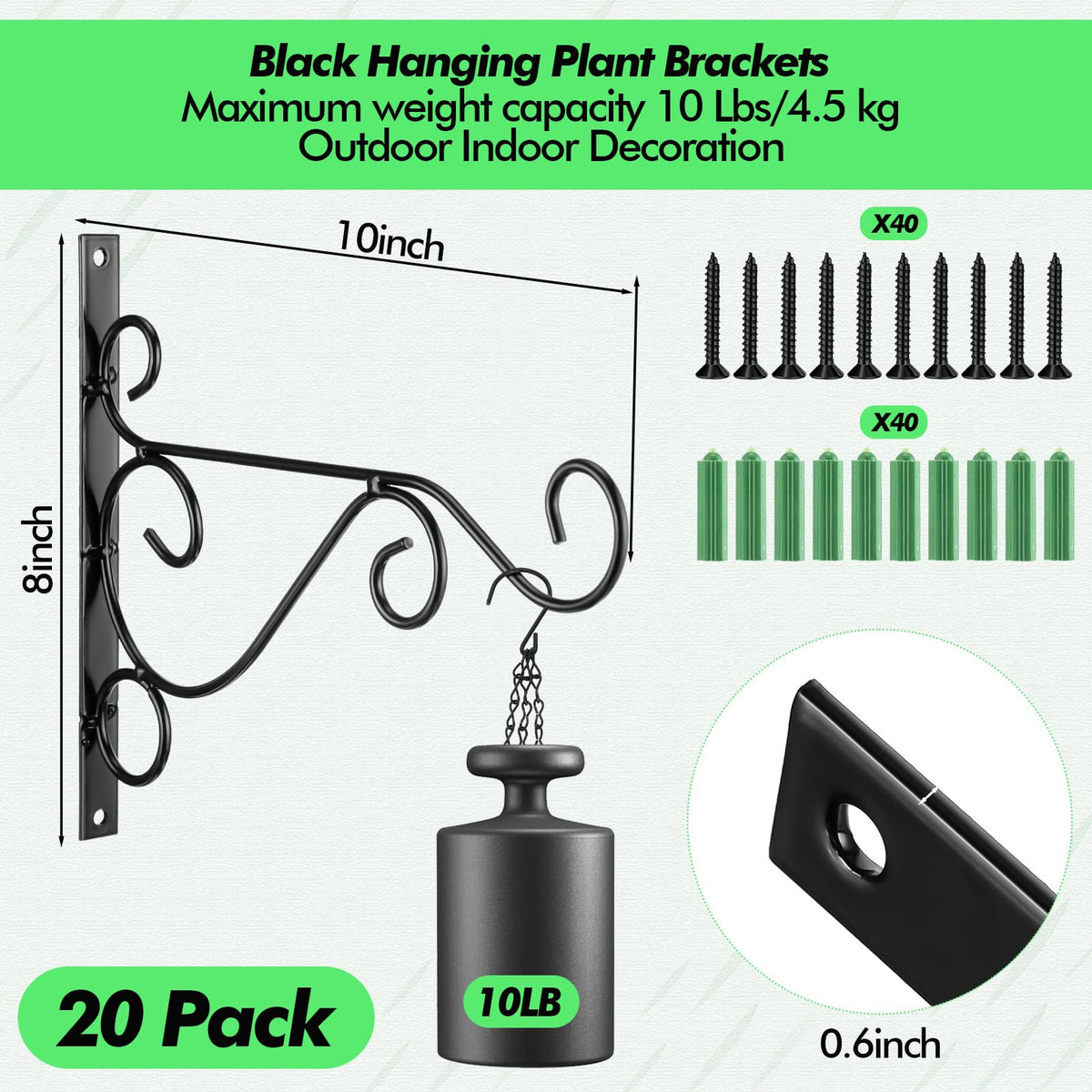 Tandefio 4 Pack 10 Inch Hanging Plant Brackets, Heavy Duty Rustproof Metal Wall Hooks, Hand forged Iron Hanger for Bird Feeders, Hanging Baskets, Lanterns,Wind Chimes,Outdoor Indoor Garden Decor,Black