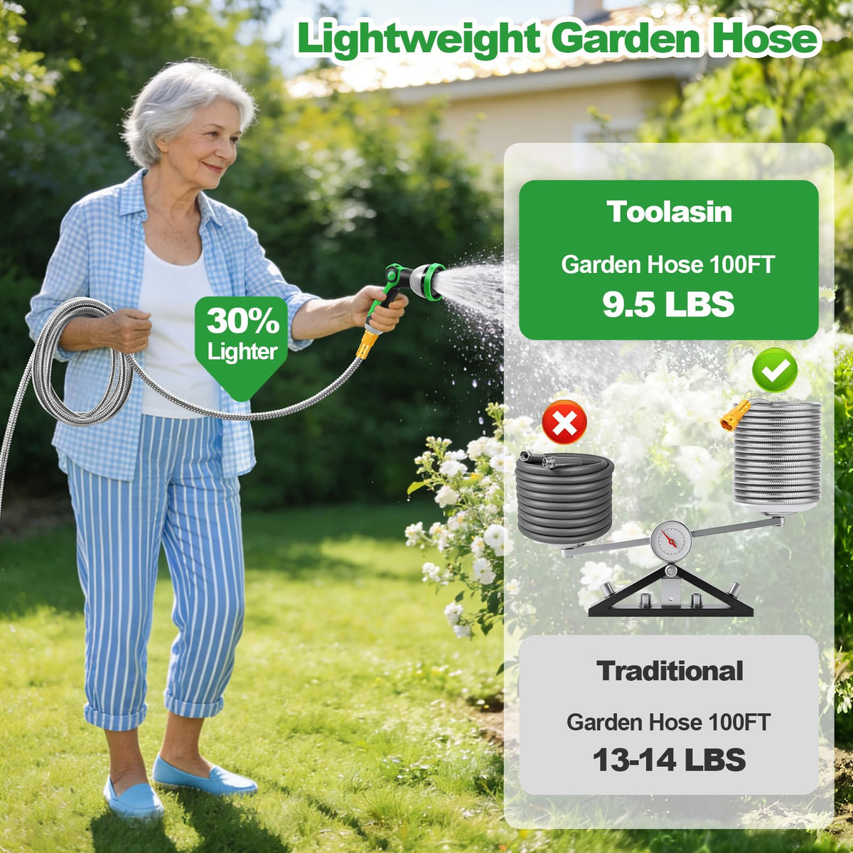 Toolasin Garden Hose 100FT, Flexible Stainless Steel Water Hose with 10-Function Nozzle, No-Kink, Leak-Proof, Wear-Resistant, 3/4 GHT, Easy to Use and Store, Ideal for Garden, Yard, Outdoor