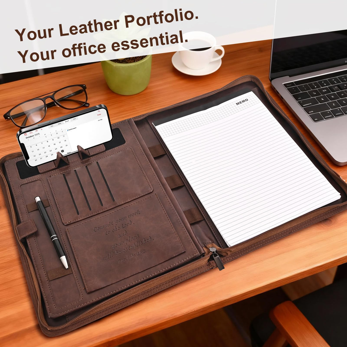 Leather Portfolio for Men, Christian Religious Gifts for Men with Laptop Pocket, Padfolio Binder Folder with Zipper for Women, Business Large Organizer Case for Bible Notebook Notepad Phone (Brown)