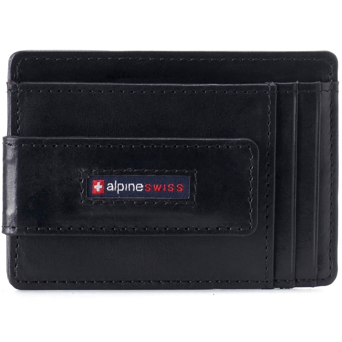 Alpine Swiss Harper Mens RFID Slim Front Pocket Wallet Magnetic Money Clip ID Card Holder Leather Glossy Nappa Black
