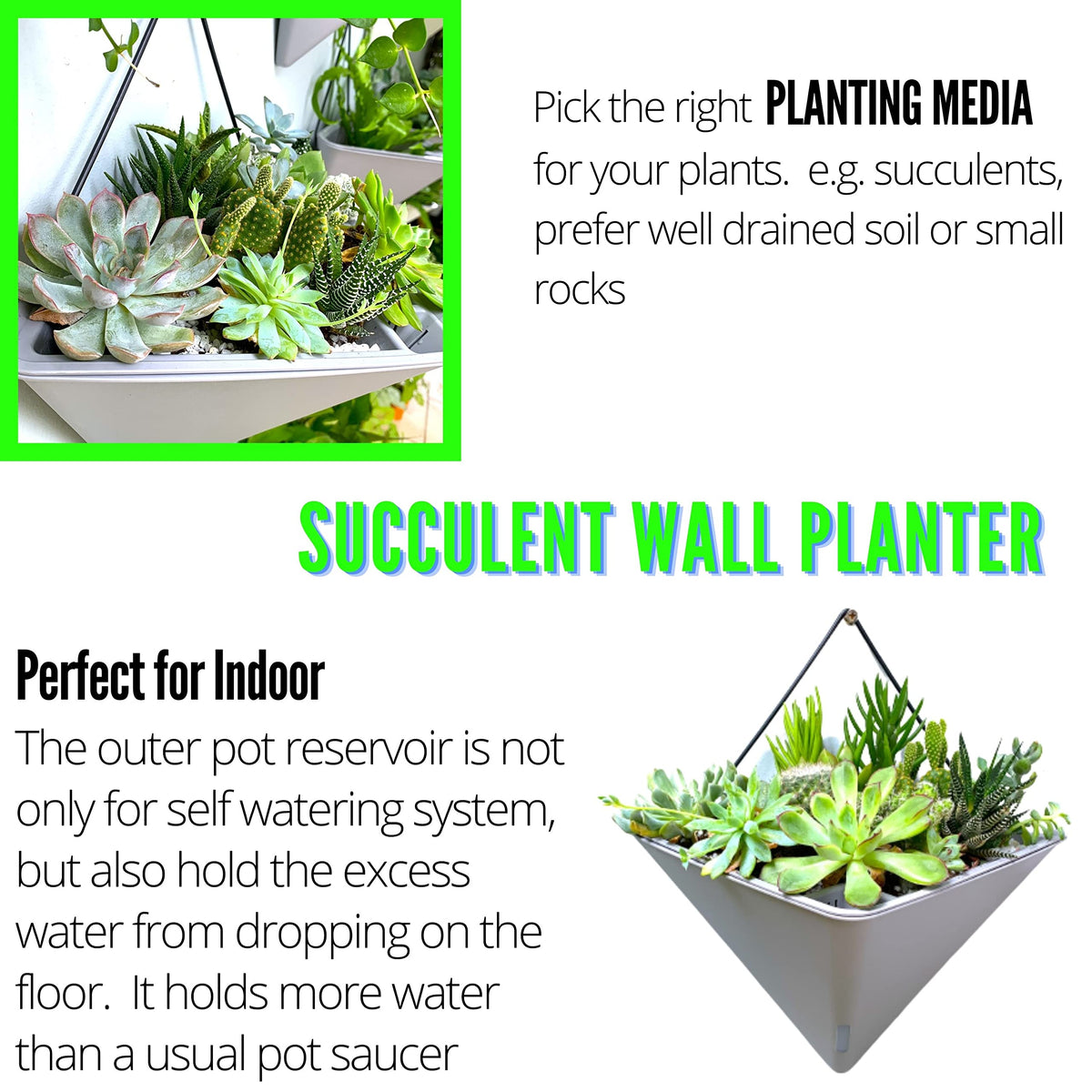 LaLaGreen Bundle - 12" x 4 Pack Gray + 12" x 4 Pack White Large Self Watering Geometric Hanging Flower Vase Vessel with Metal Hanger, Modern Stylish Wall Mounted Succulent Pot Holder Decor