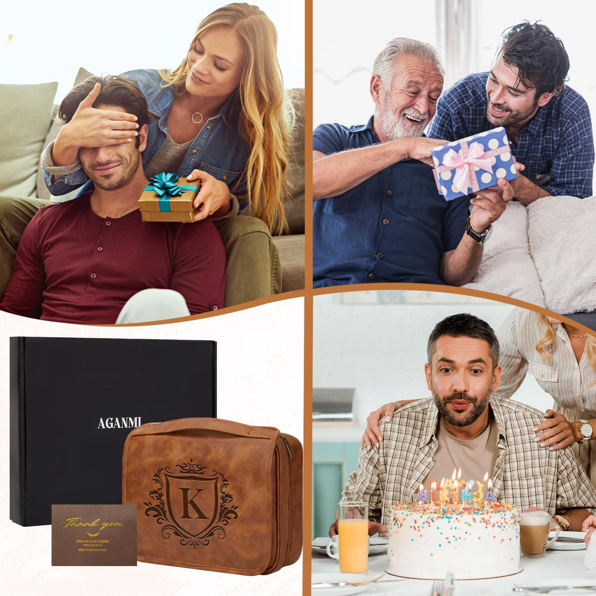 Aganmi Personalized 3-in-1 Hanging Toiletry Bag Fathers Day Birthday Gifts for Men Dad Husband, Custom Initial Large Waterproof PU Leather Dopp Kit Shaving Bag Travel Essential for Him Light Brown J