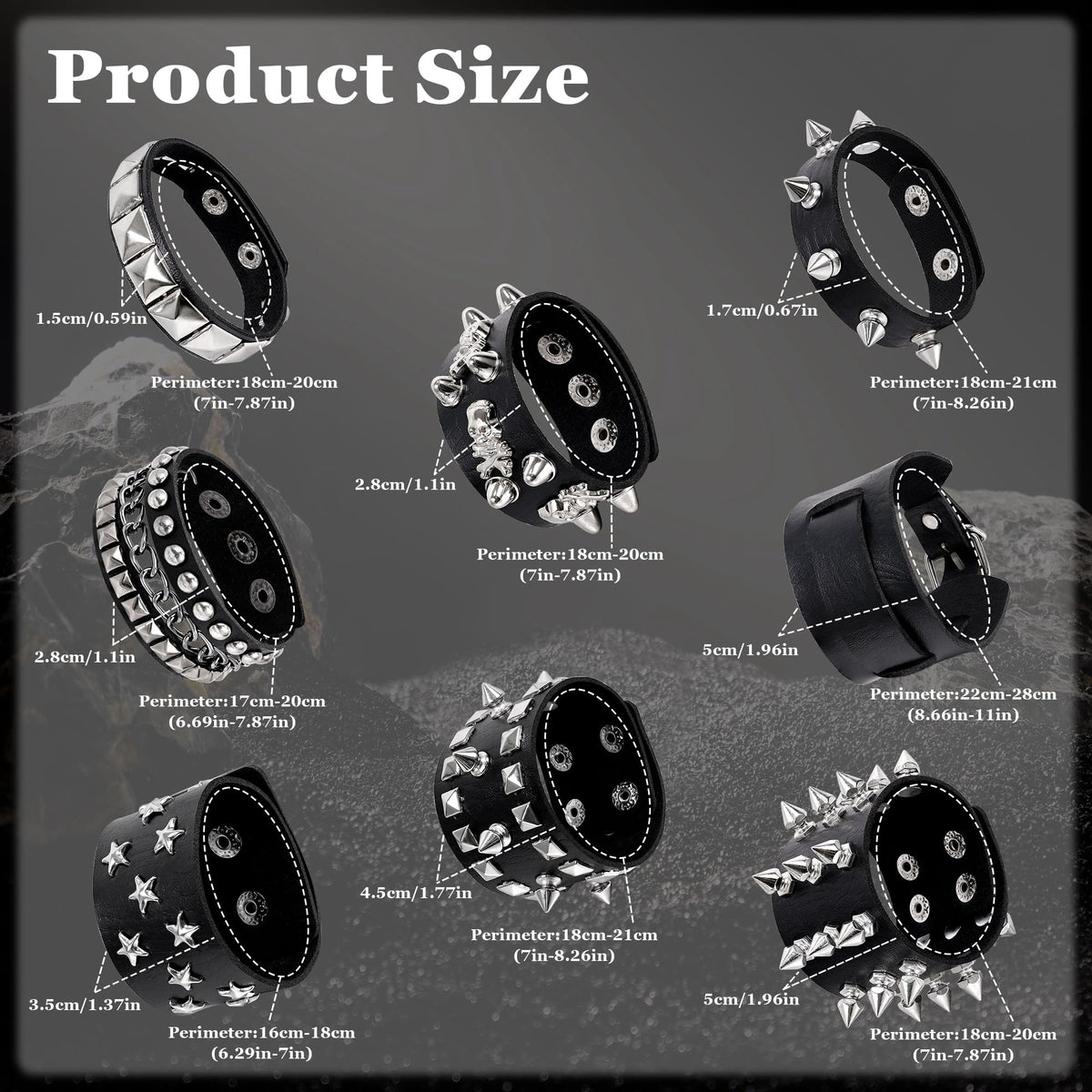 LOAYHOAY 8PCS Spiked Studded Bracelets Cuff for Men Women Black Punk Goth Leather Bracelet Emo Rivet Bracelet Adjustable Rock Pop 80s 90s Retro Button Metal Wrap Wristbands Halloween Accessories C