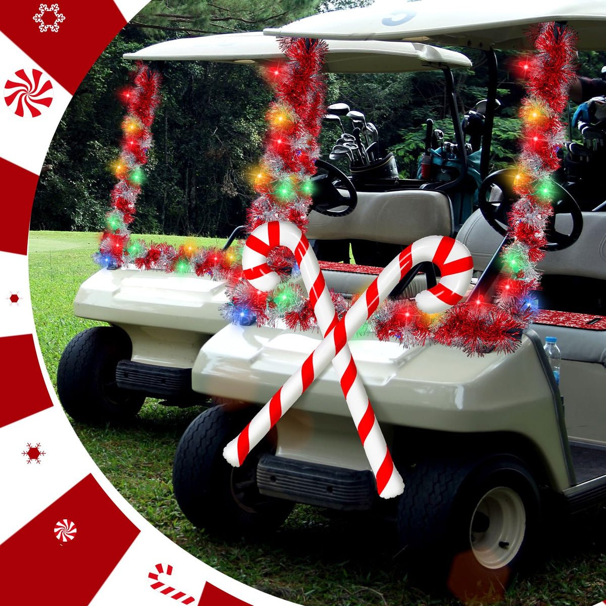 Suncalla 6 Pcs Christmas Golf Cart Decorations Kit Christmas Parade Golf Cart Decor Include Red White Seat Cover Tinsel Garland Candy Canes Balloons and String Lights for Holiday Decoration
