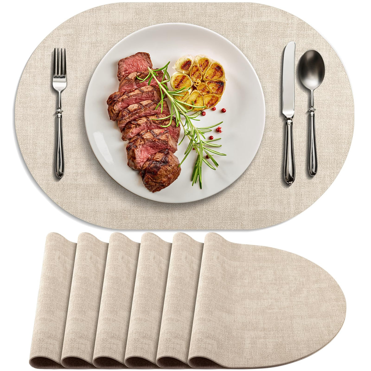 BARTHKIT Placemats for Dining Table Set of 6 Non-Slip, Heat Resistant Oval Leather Placemat Double Layer, Waterproof Table Mats Easy to Clean for Kitchen Dining Room Coffee Office Table, Beige