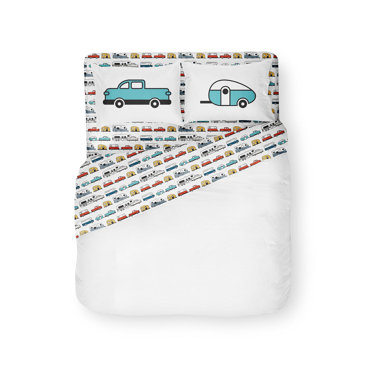 Camco Camper & RV Queen Sheet Set - Features Travel Trailer Print Design - Crafted of Soft Machine Washable Polyester - 4 Piece Set Includes Fitted Sheet, Flat Sheet, & 2 Pillowcases (53299)