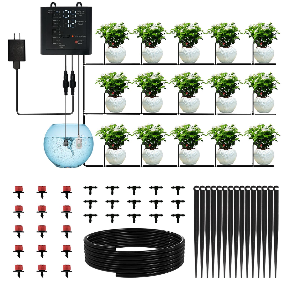 Automatic Plant Waterer Indoor, Drip Irrigation System for Potted Plants, Vacation Plant Self Watering Device, Drip Timer Auto Watering for Housplants, Garden, Greenhouse (15 Pots, Adjustable Dripper)
