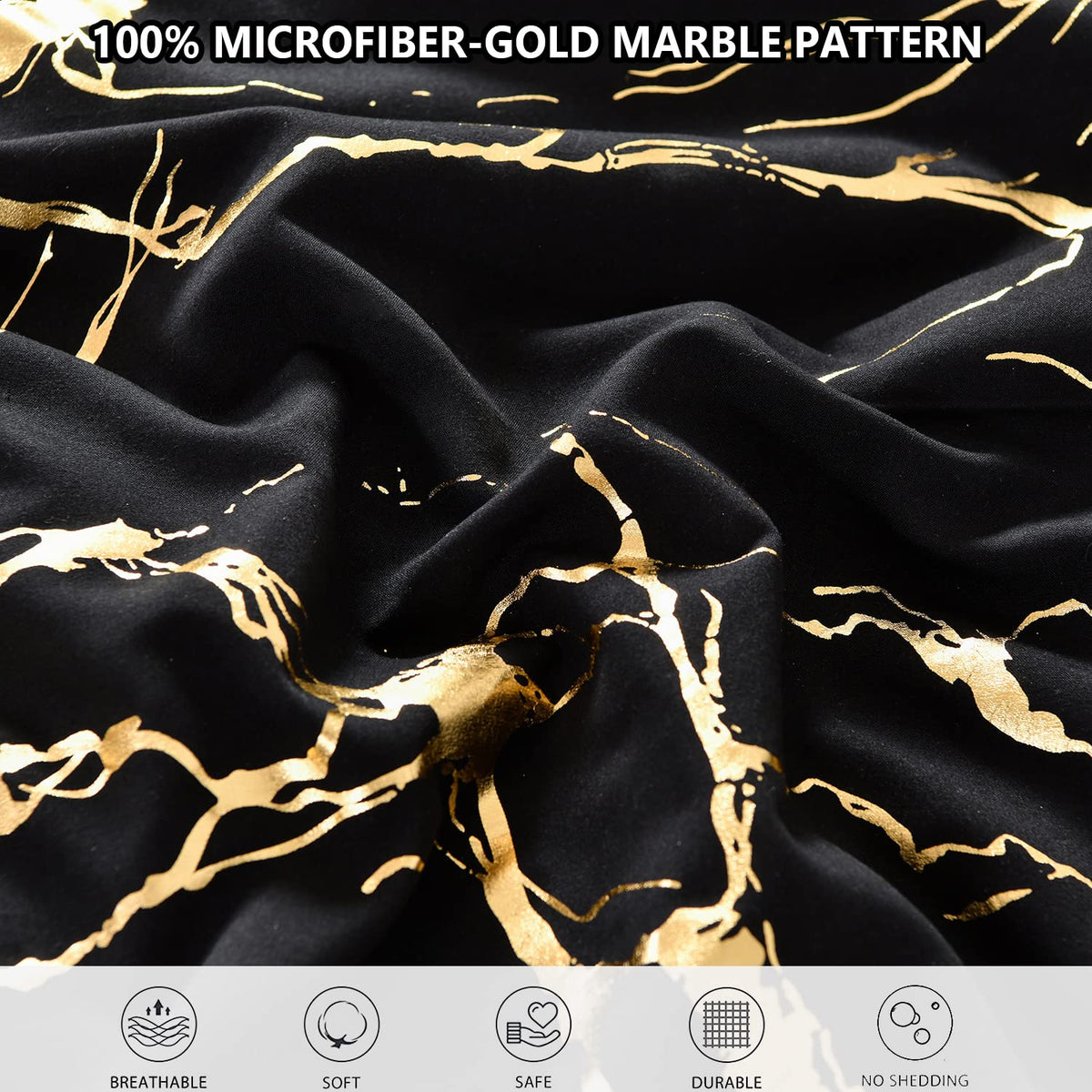Yogeneg Gold Metallic Marble King Size Comforter Set,7 Piece Bed in a Bag,Foil Print Glitter Black Comforter and Sheet Set,All Season Soft Microfiber Complete Bedding Sets(Black,King)