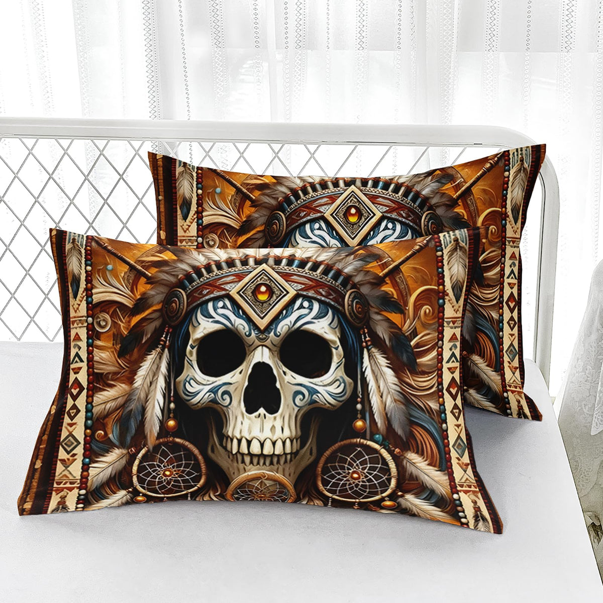 AILONEN Goth Skull Fitted Sheet Set Queen Size,Native American Bedding Set for Room Decor,Ethnic Feather Print Bed Sheets with 2 Pillowcases,3Pcs