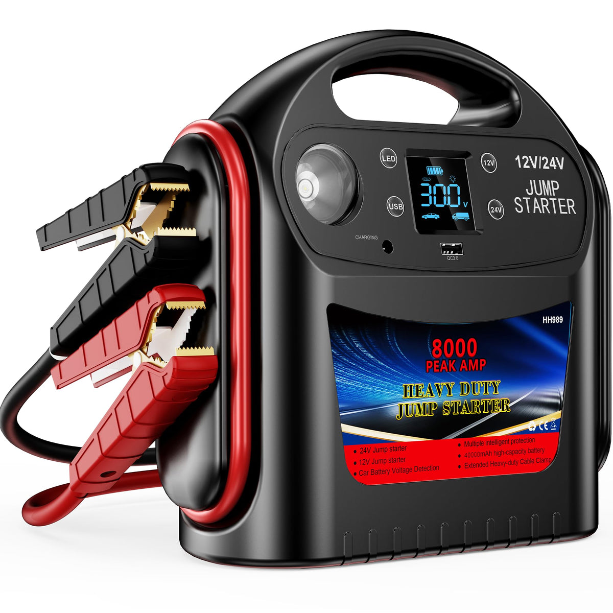 8000A 12V/24V Jump Starter for Large Gas & Diesel Engines, Heavy-Duty Portable Battery Booster Pack for Trucks, RVs & Commercial Vehicles with Force Start, Digital Display, LED Light & USB Charging