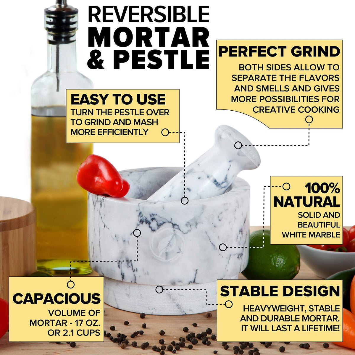 Laevo White Marble Mortar and Pestle Set - Heavy Duty Stone Spice Grinder - 2.1 Cup Capacity, 5.5-Inch Reversible Mortar and Pestle Set for Guacamole, Pesto, Spices - Large
