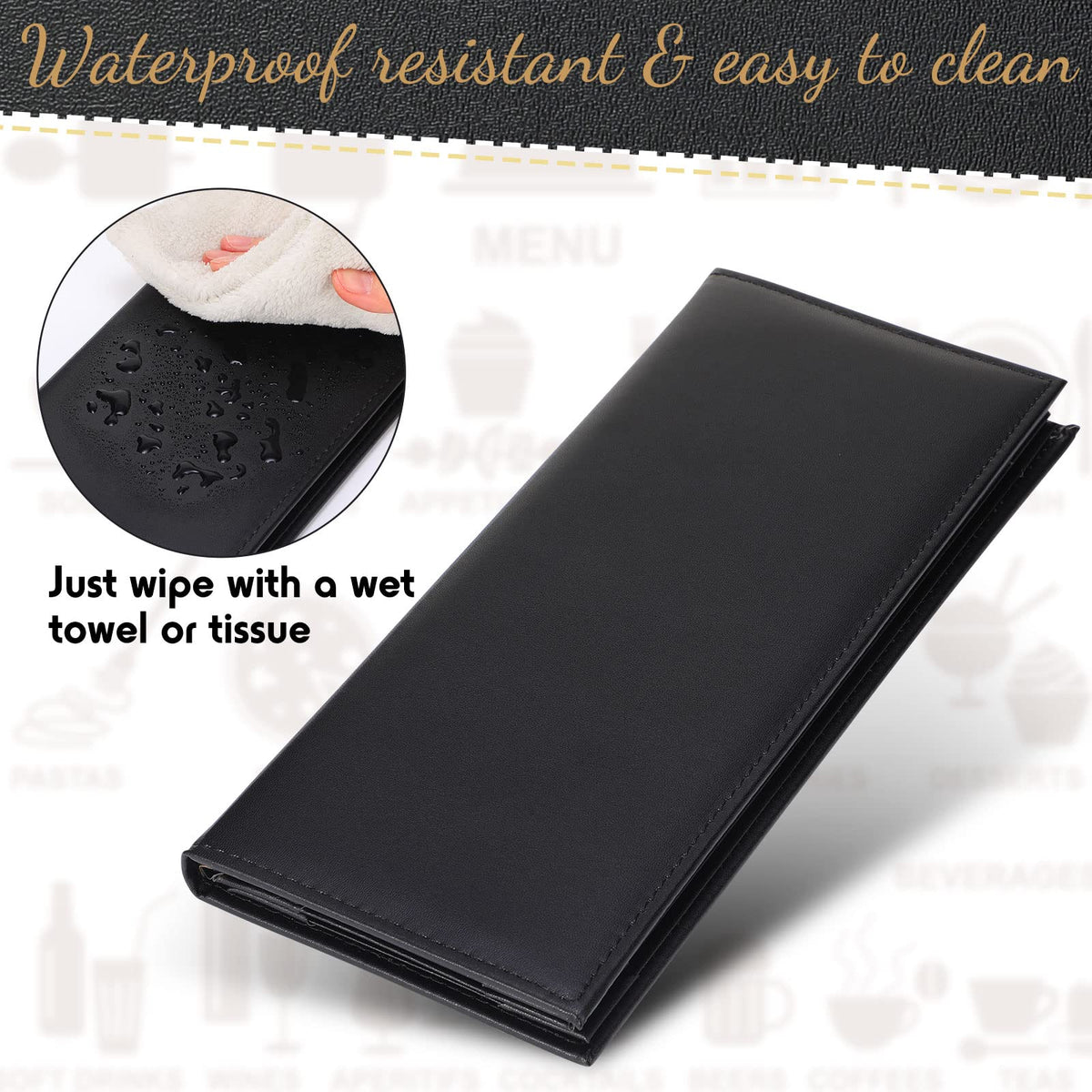 Jexine 12 Pcs Black Menu Covers Waterproof Restaurant Cafe Bar PU Leather 4 View Fold Menu Book with Angled Corners for Wine Drinks Cafes List Covers Set, 4.25 x 11 Inches