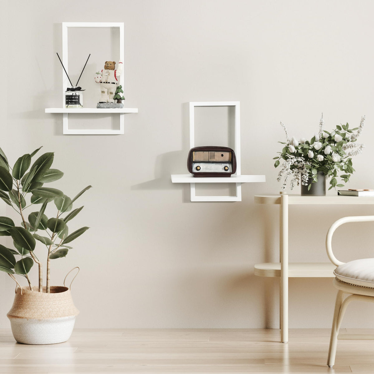 PHOENANCEE Square Wall Shelf,Framed Floating Shelves Set of 2,Decorative Plants Hanging Display Chic for Living Room Bedroom Bathroom Home Office,Soild Wood,L+S,White