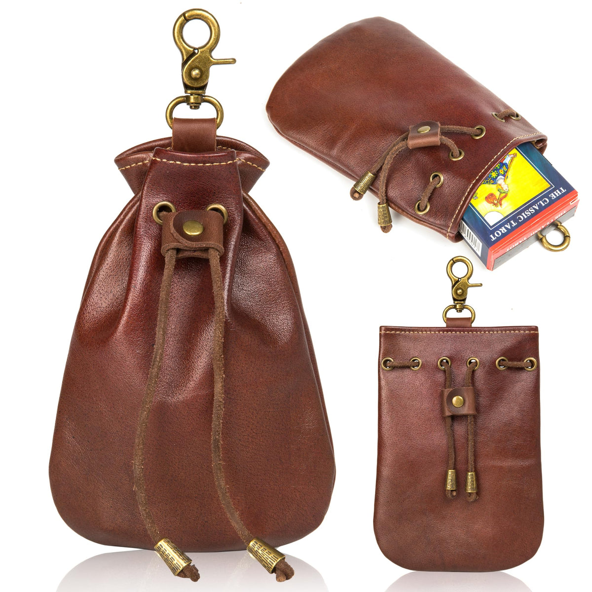 CHULEAG Vintage Medieval Drawstring Belt Pouch, FULL-GRAIN Leather, handmade, portable coin&dice purse with keychain. (Big)