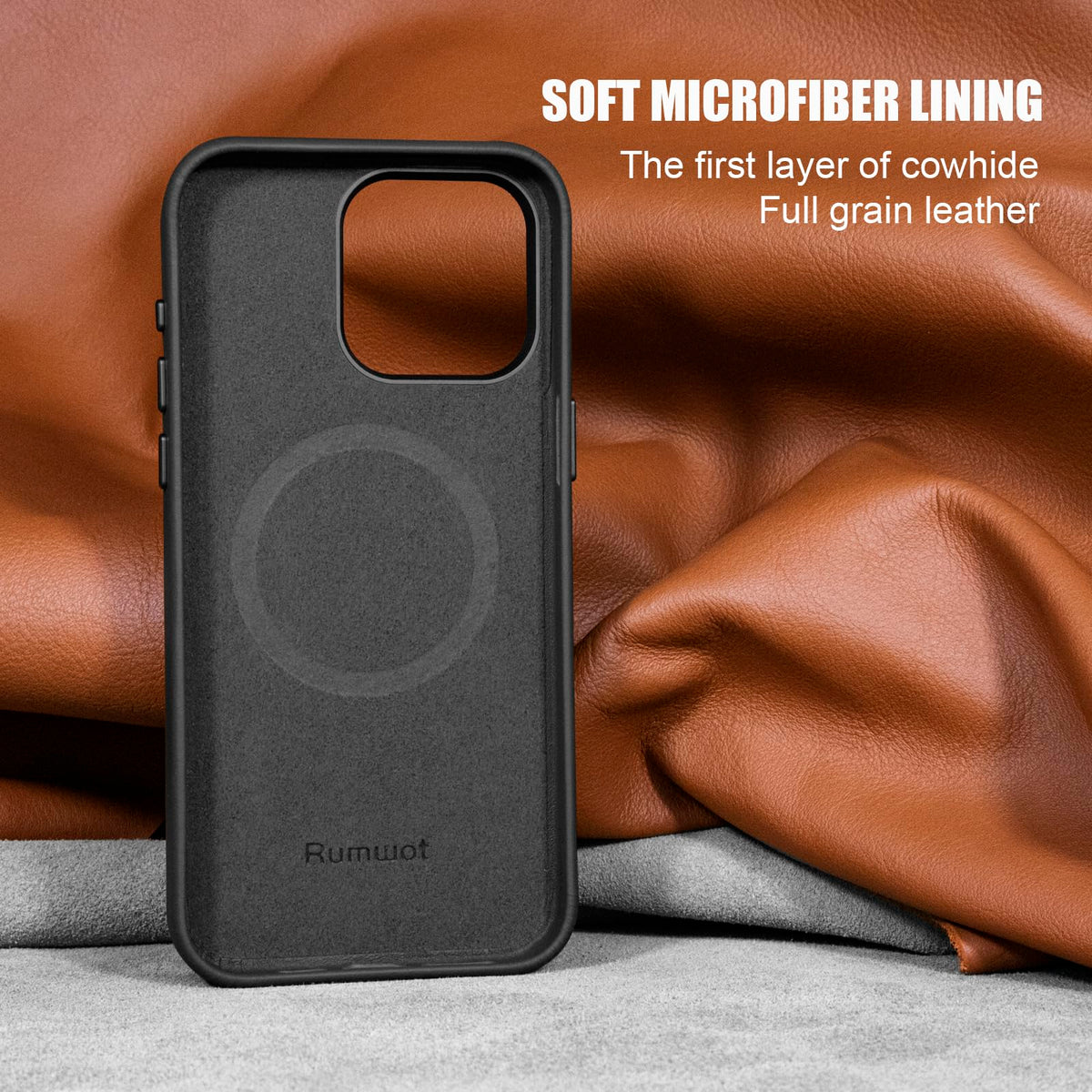 Rumwot for iPhone 15 Pro Leather Case | Genuine Full Grain Leather| Compatible with MagSafe and Wireless Charging | Metal Buttons Camera Bezel | Slim Fit-Drop and Scratch Resistant(Black)