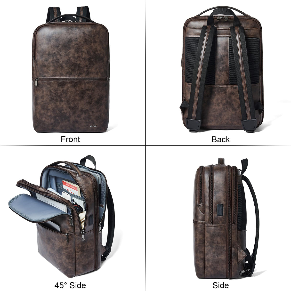 Shrrie Vegan Leather Laptop Backpack for Women&Men,16 Inch Expandable Backpack with USB Charging Port,Two-toned Coffee