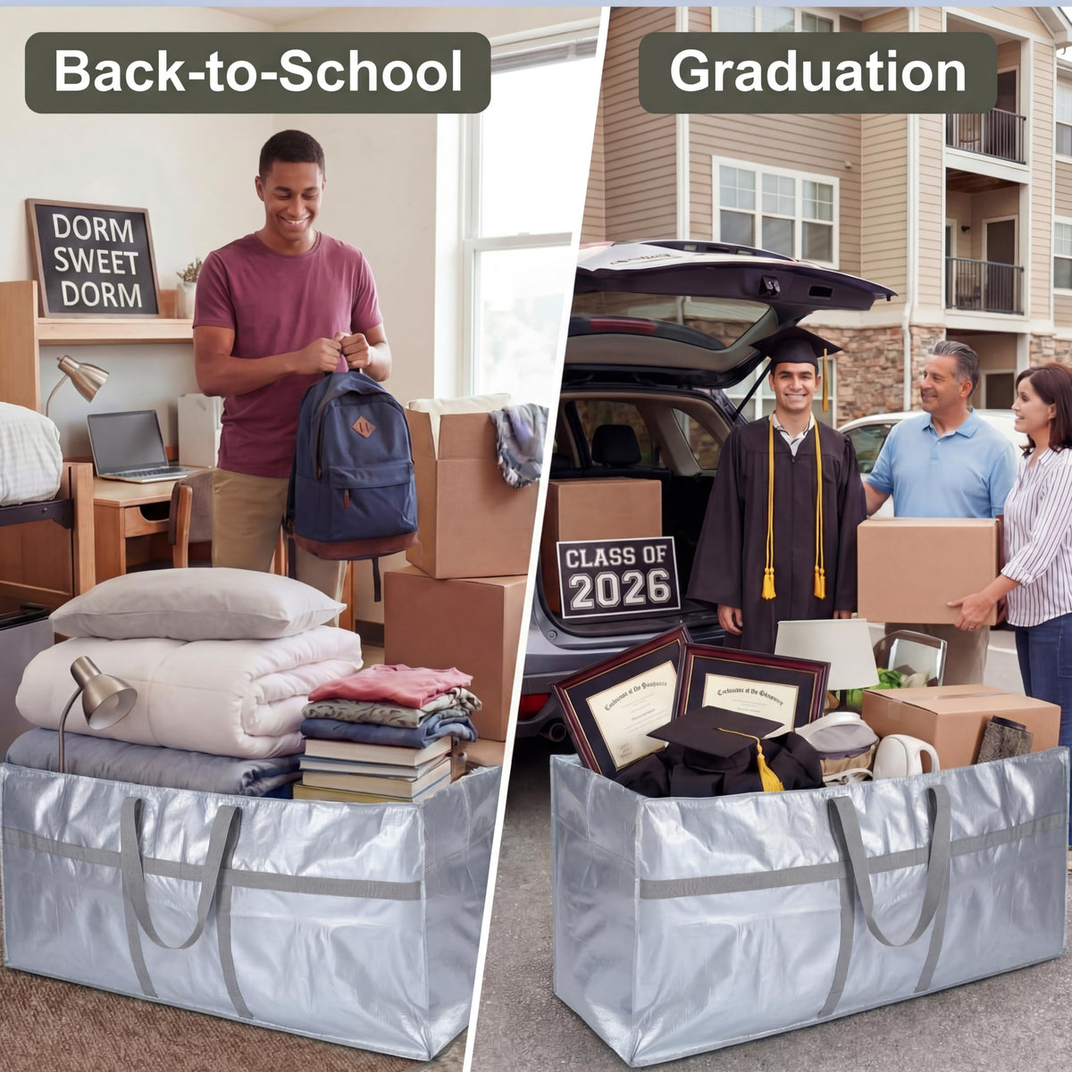 Clysee 4 Pcs 66 Gallon Extra Large Moving Bags Heavy Duty Storage Bag with Strong Zipper Handle Foldable XXL Jumbo Storage Tote Packing Moving Box for College Dorm Travel Cloth Duffle (Silver)