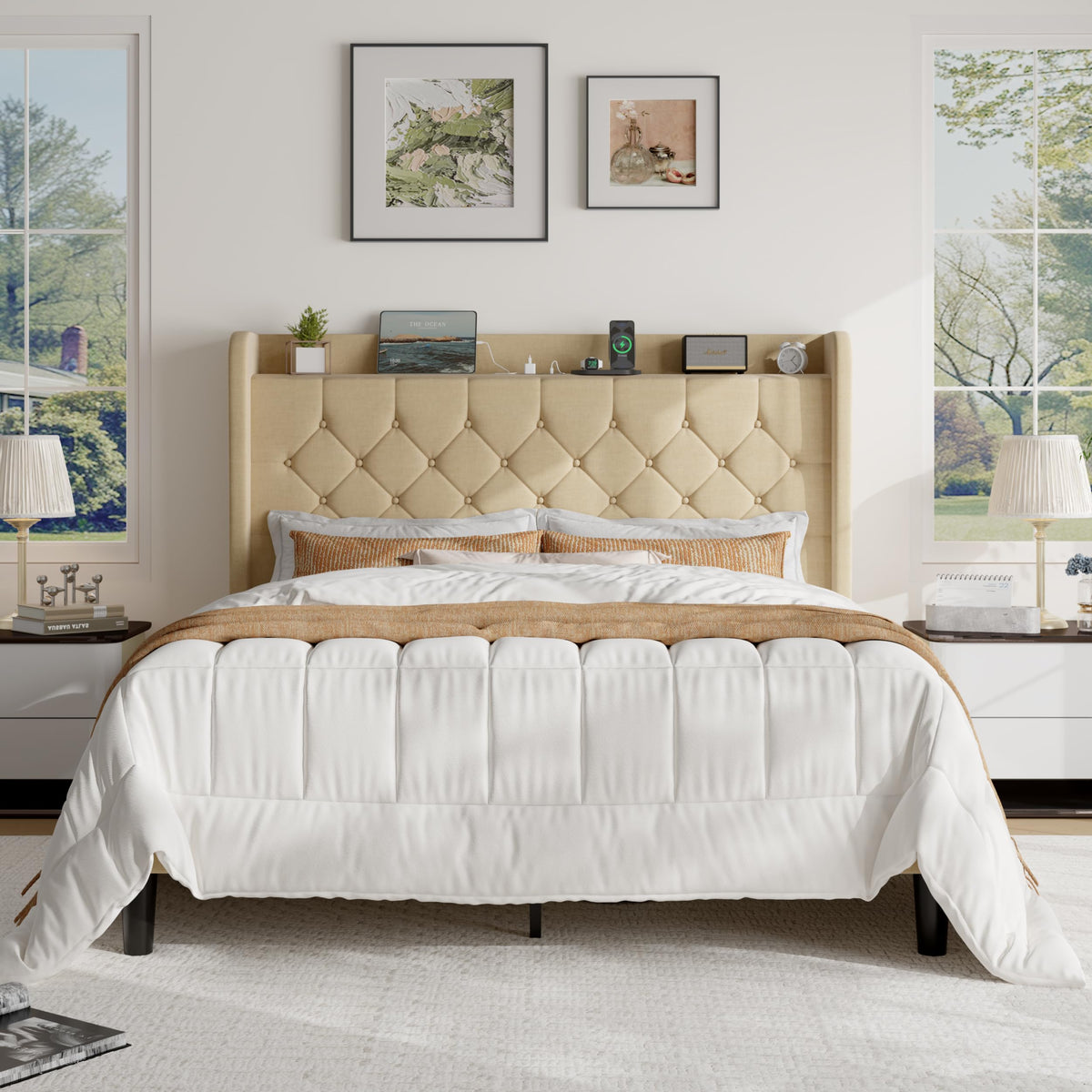 SHA CERLIN Full Size Platform Bed Frame with Charging Station, Linen Wingback Headboard with Storage Shelf, Wooden Slats Support, Ample Under-Bed Space, No Box Spring Needed, Easy Assembly, Beige