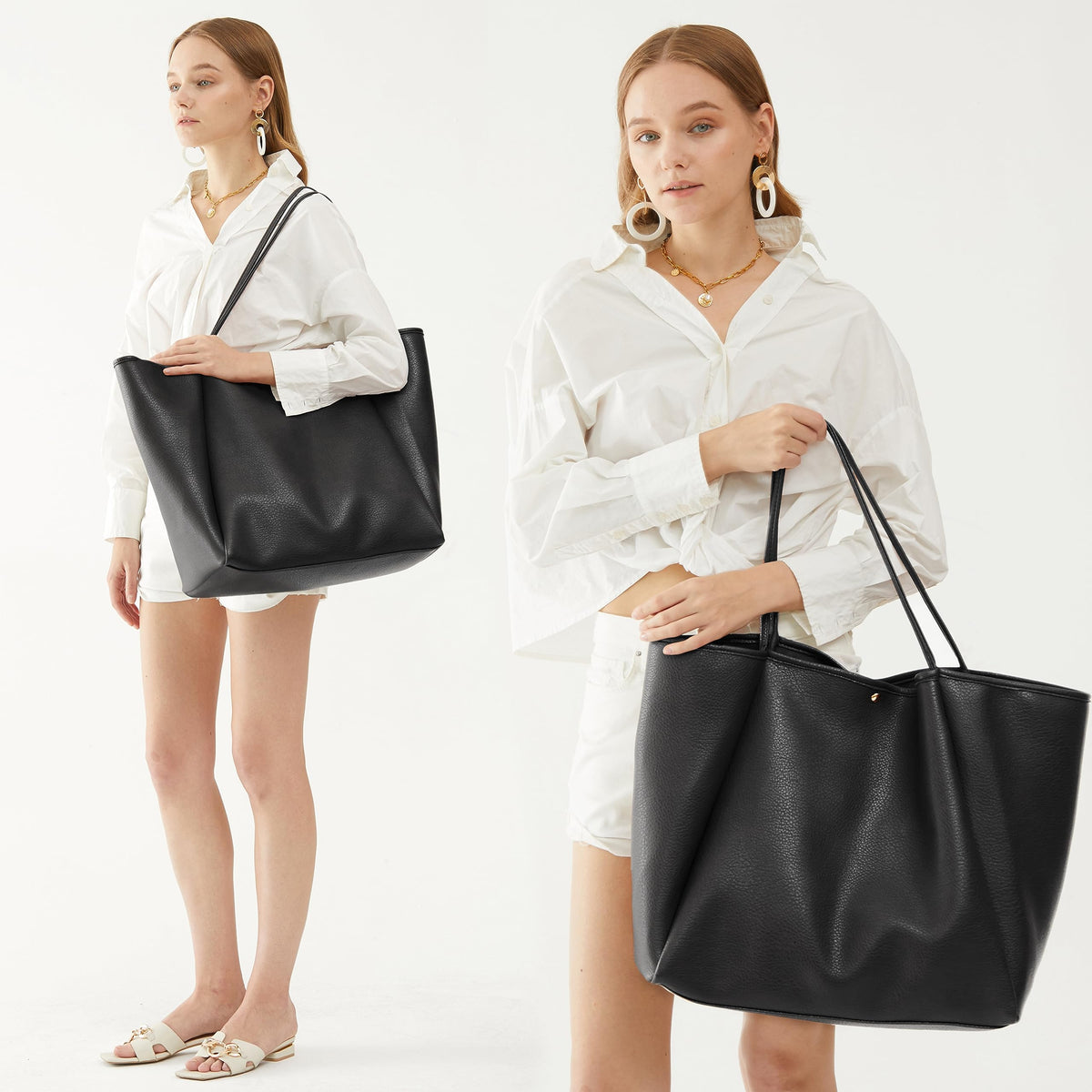 Oversize Pu Leather Tote Women Weekender Bag Shopper Handbag Travel Purse (Black)
