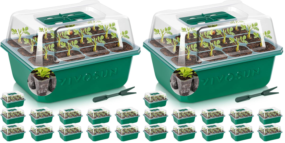 VIVOSUN 24-Pack Seed Starter Trays, 144-Cell Seed Starter Kit with Humidity Dome, Flat Reusable Plant Germination Trays with Drain Hole, Green Propagation Tray for Planting Seeds