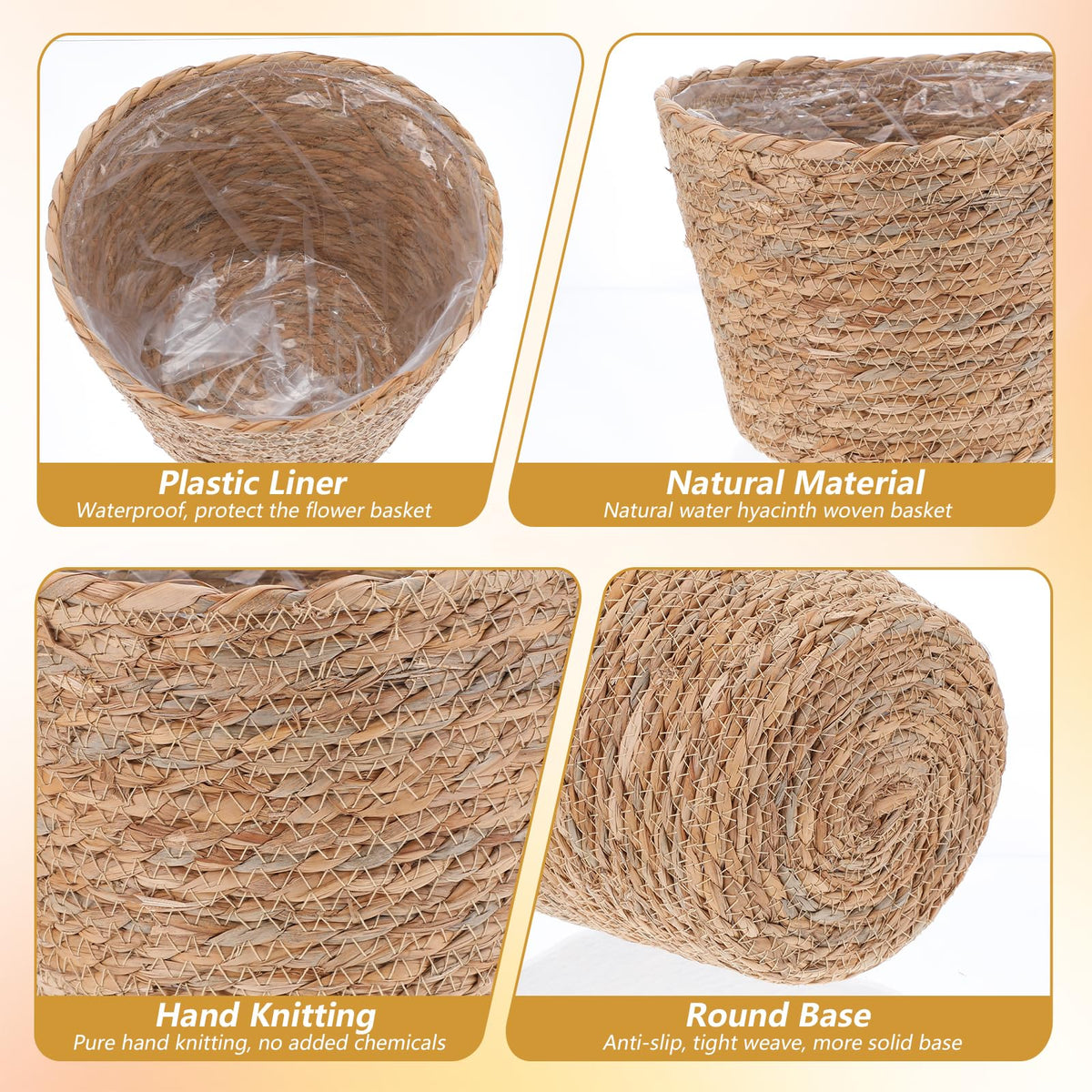 mekueeex 3 PCS Plant Baskets Indoor with Plastic Liner, Water Hyacinth Woven Planters Flower Basket, Planter Basket for Rustic Boho Home Farmhouse Floor Potted Pots Decor