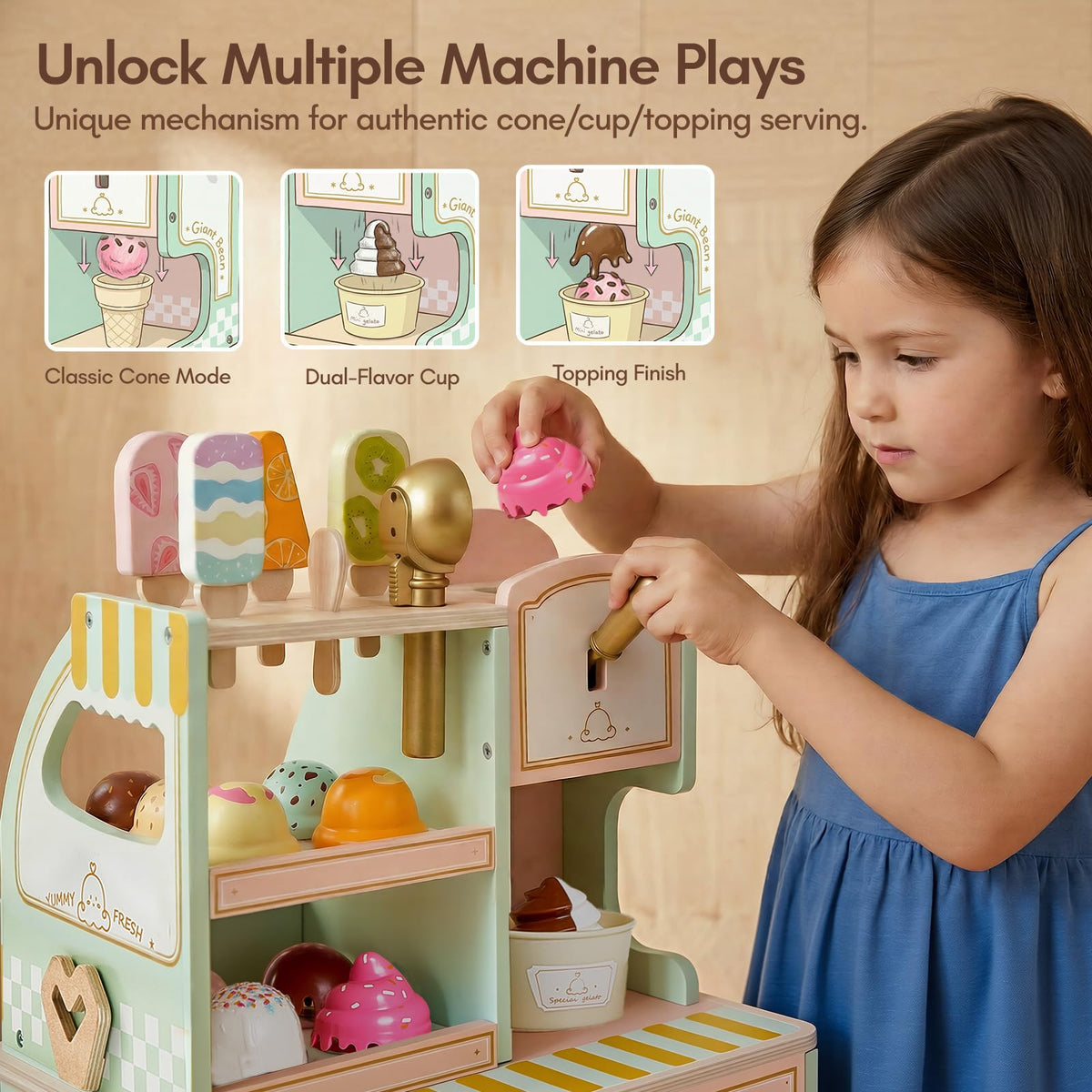 Giant bean Wooden Ice Cream Play Set, with Drop-Down Dispenser, Play Kitchen Accessories with Cones, Popsicles, Scoops, Play Money & Menu, Ice Cream Toy for Kids Ages 3+, Birthday
