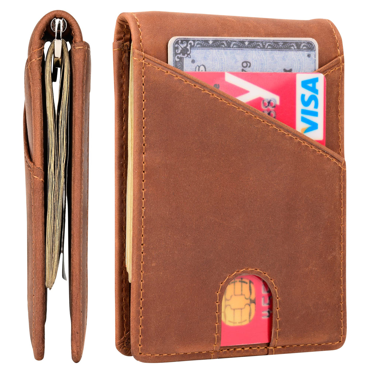 kinzd Slim Wallet with Money Clip RFID Blocking Minimalist Bifold Wallet for Men Genuine Leather Front Pocket Card Holder