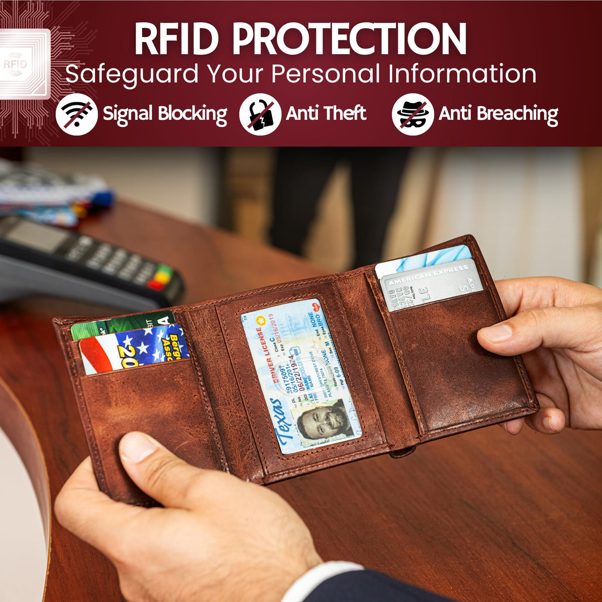 BULL GUARD Best Leather Men's RFID Trifold Wallet With ID Great Outdoor Wallet Durable Top Grain Leather Forest Brown, Double Cash Comparment with Secret Pocket, Compact & Secure Design, In Gift Box