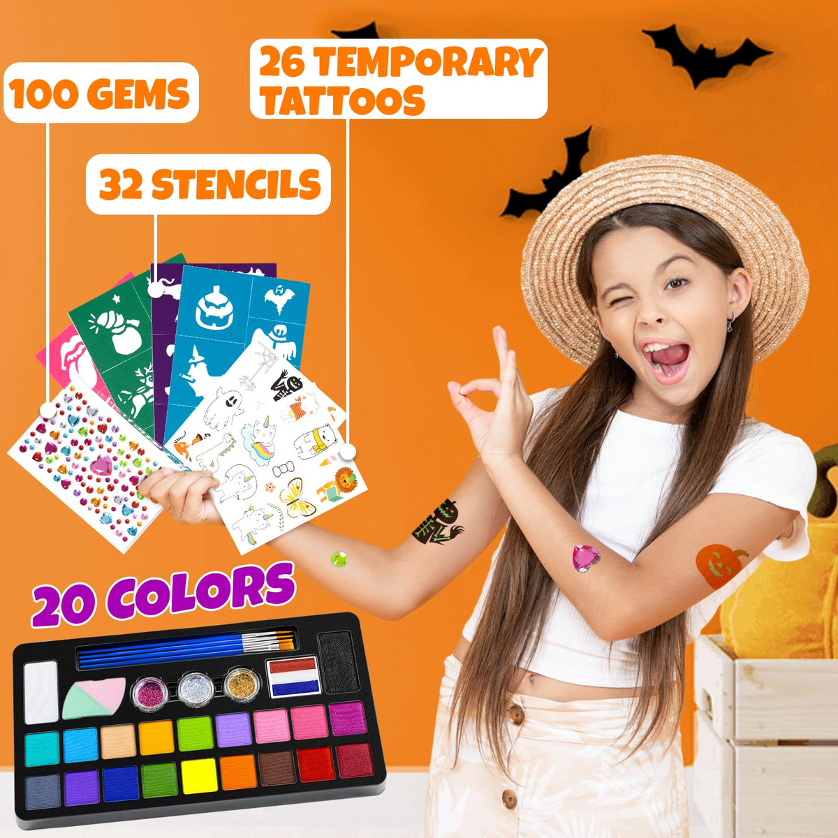 Drawdart Face Painting Kit for Kids - 20 Colors Water Based Non-Toxic Paint With Stencils & Brushes - Professional Body Makeup Kit for Parties, Birthdays, Halloween