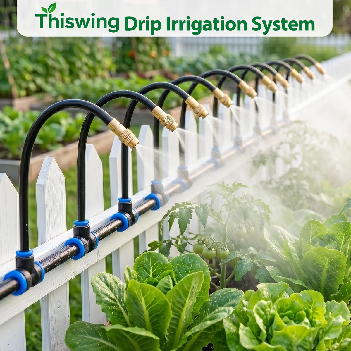 Thiswing 360° Adjustable Drip Irrigation System - Compatible 1/4" Irrigation System, 50FT Garden Watering Atomizing System with 15 Nozzles, Greenhouse Accessories for Yard, Lawn, Plants, Garden