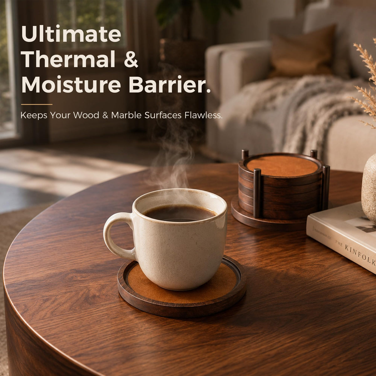 MinBoo Bamboo Coasters for Coffee Table Set of 6 Coasters for Drinks Absorbent with Holder Coffee Table Decor for Tabletop Protection Gifts for House Warming New Home & Wedding (Dark Brown 6Pcs)