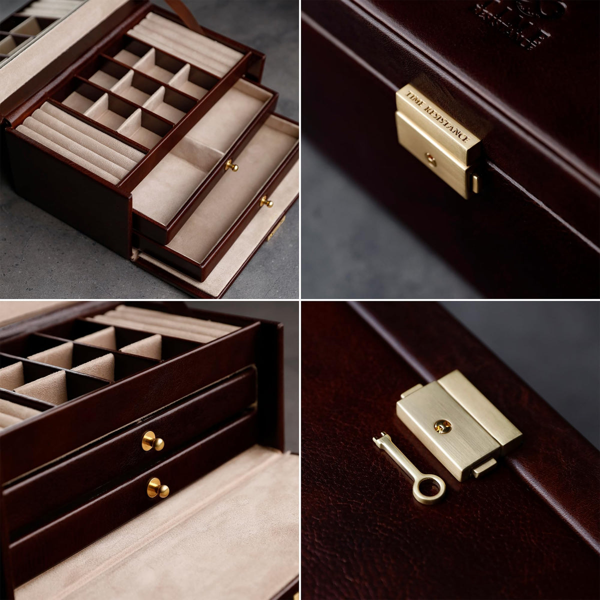 Time Resistance Jewelry Box - Full Grain Leather Jewellery Organizer - Accessories Storage - Key Lock Box for Women (Brown)