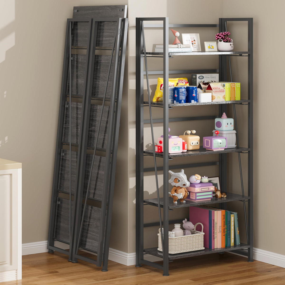 BHG Vintage Multifunctional Folding Bookshelf, No-Assembly Plant Stand Storage Rack Shelves for Home Office (Gray, 5-Tier)