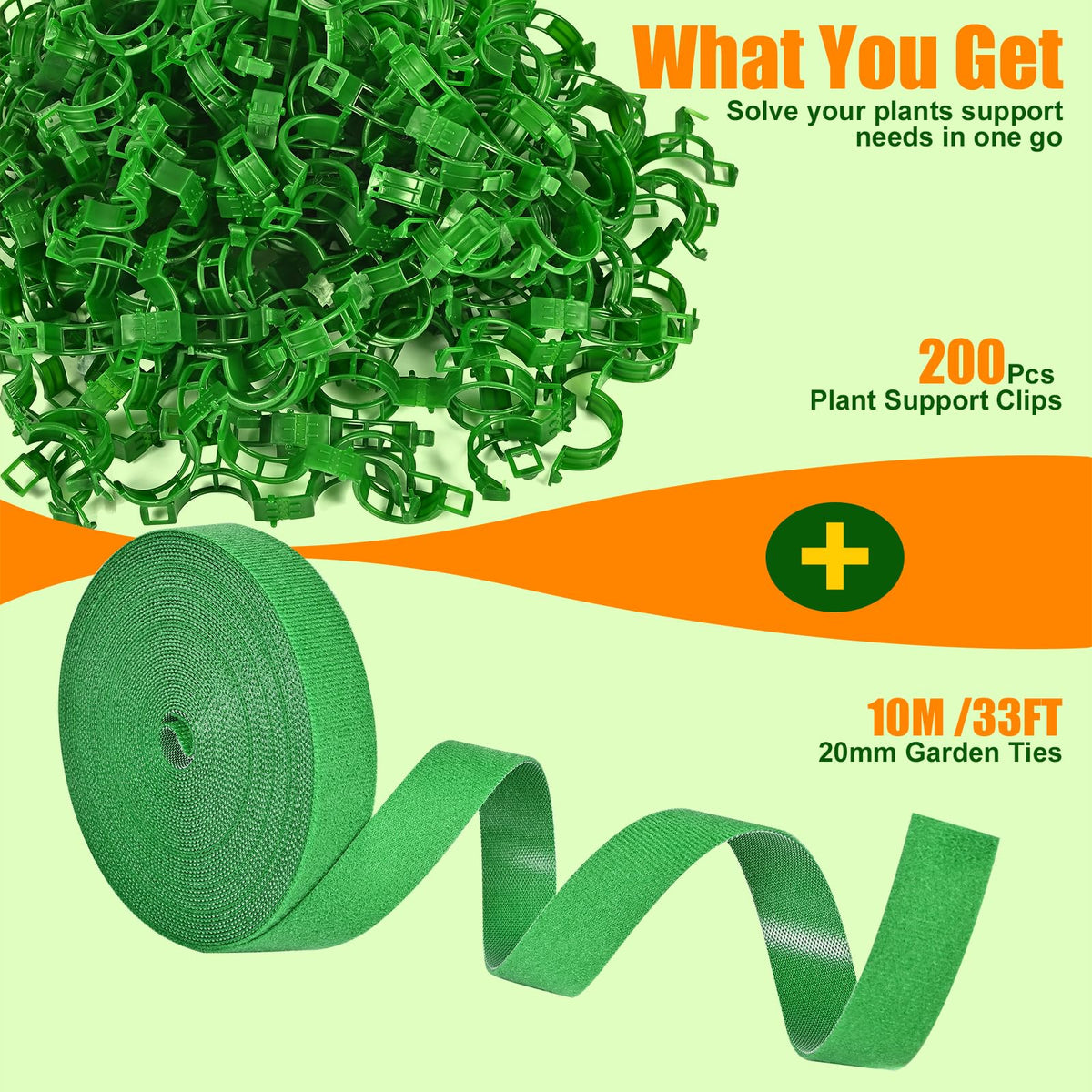 owandan 200Pcs Secured Plant Support Clips with Plant Ties 20mm 33ft - Tomato Clips Garden Tape Strap for Garden Netting Climbing Plants, Fixing Stem and Vine (Green)