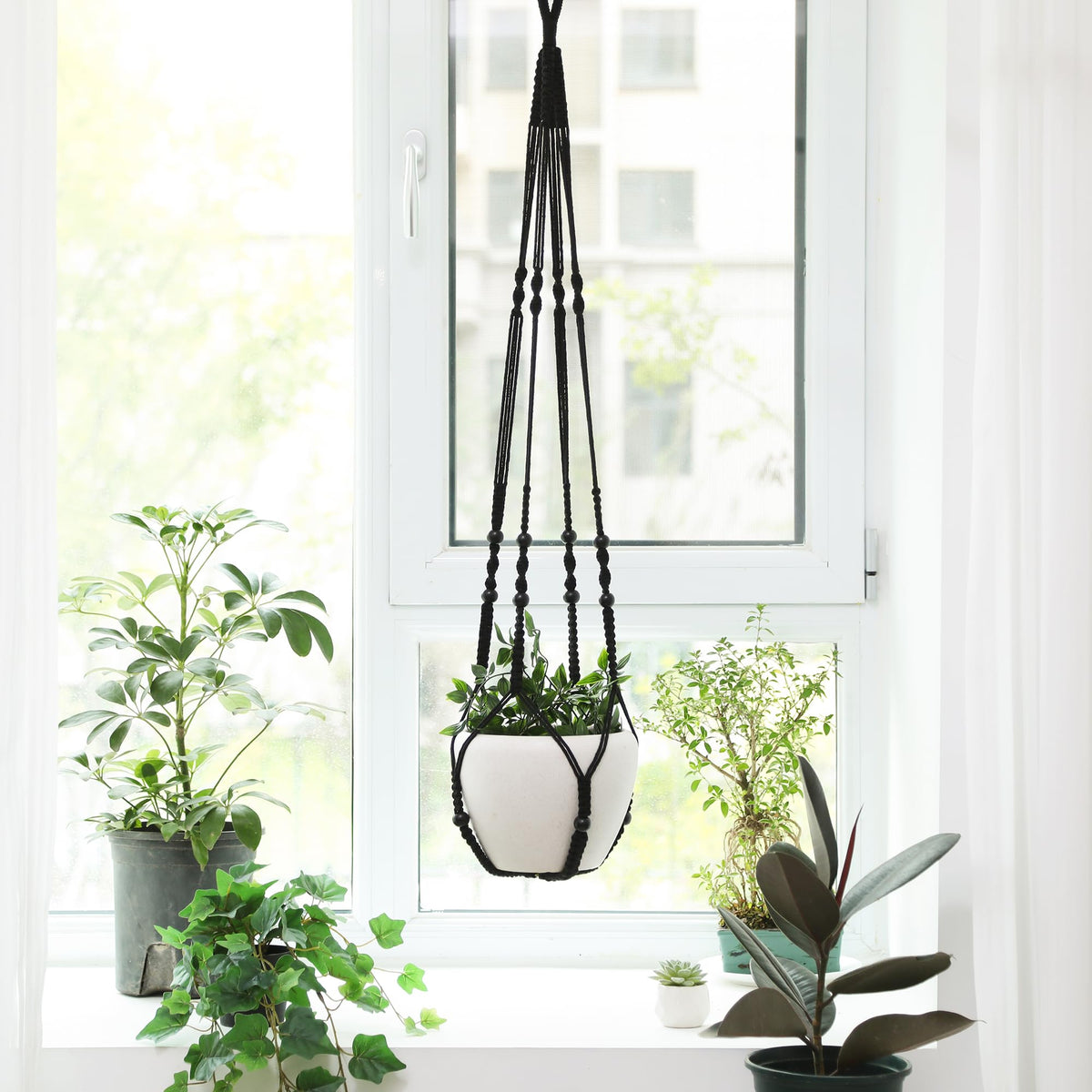 WXS-CHALL 43 Inch Macrame Plant Hanger Indoor, Large Size No Tasselss Crochet Cotton Rope Hanging Planter Basket, Decorative Flower Pot Holder for Boho Home Decor (with 2 Hooks)