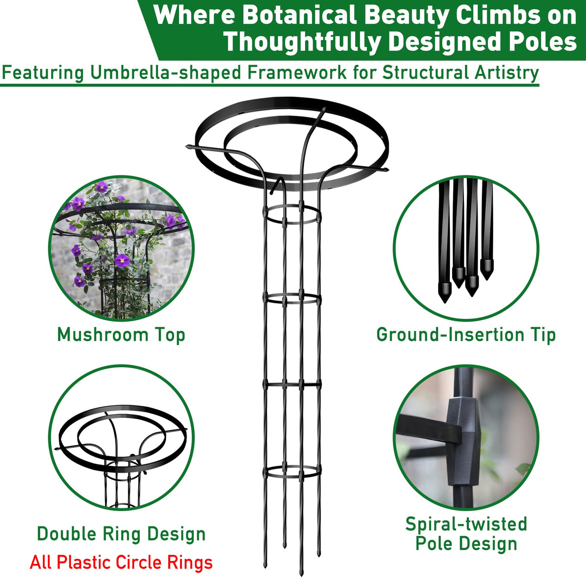 Carotex Mushroom Top Trellis for Climbing Plants Outdoor, 3.44FT Decorative Obelisk Plant Support with Rustproof PE-Coated Metal, Rose Trellis for Clematis Ivy, Black