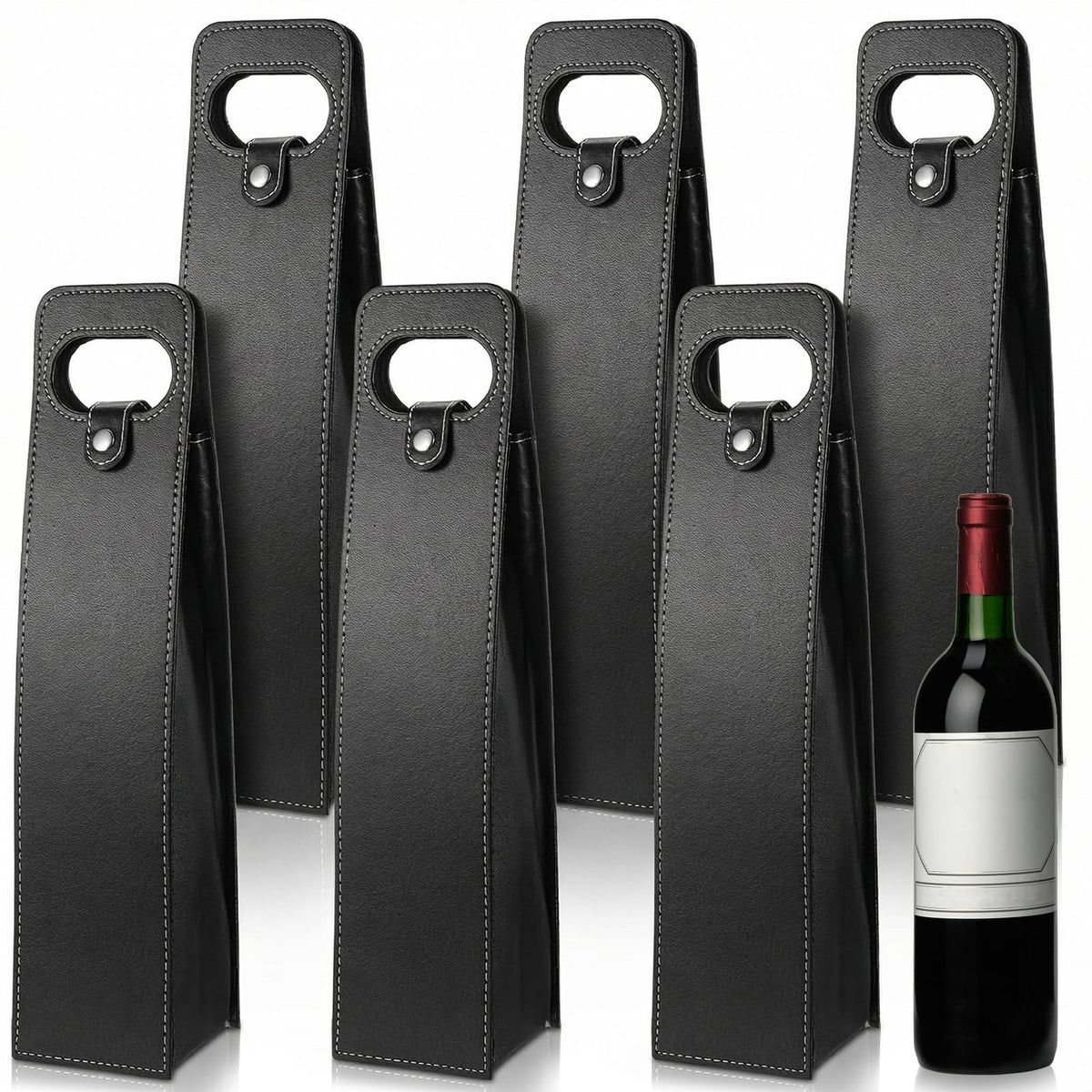 6 Pcs PU Leather Wine Bag, Reusable Single Leather Wine Bottle Carrier Case Holder for Champagne Beer Gift Presentation on Wedding Birthday Christmas(Black)