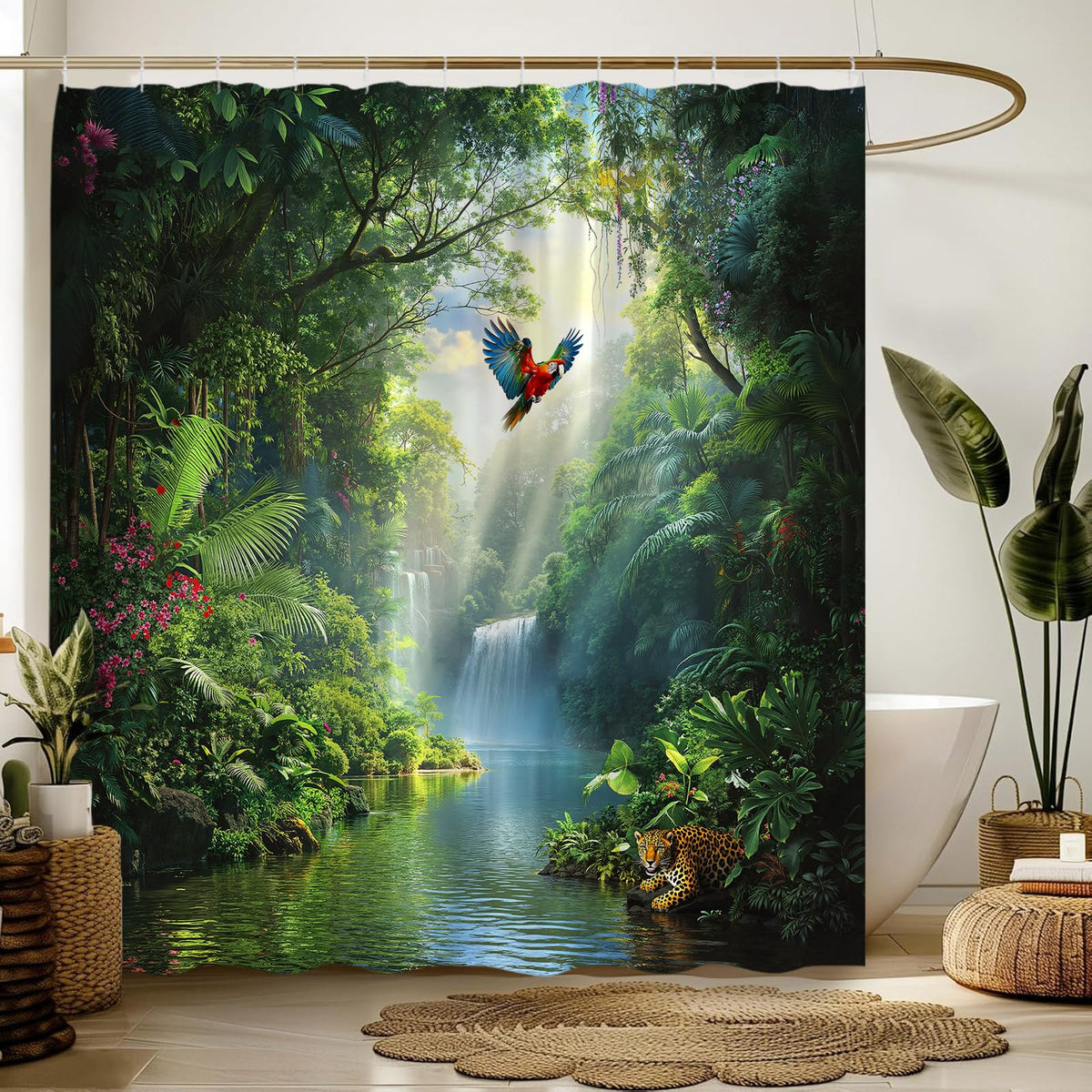 Rainforest Waterfall Shower Curtain Green Nature Forest Waterfall Wild Animal Leopard Parrot Tropical Plant Jungle Scenery Bathroom Fabric Curtain with Hooks,70x70 Inches