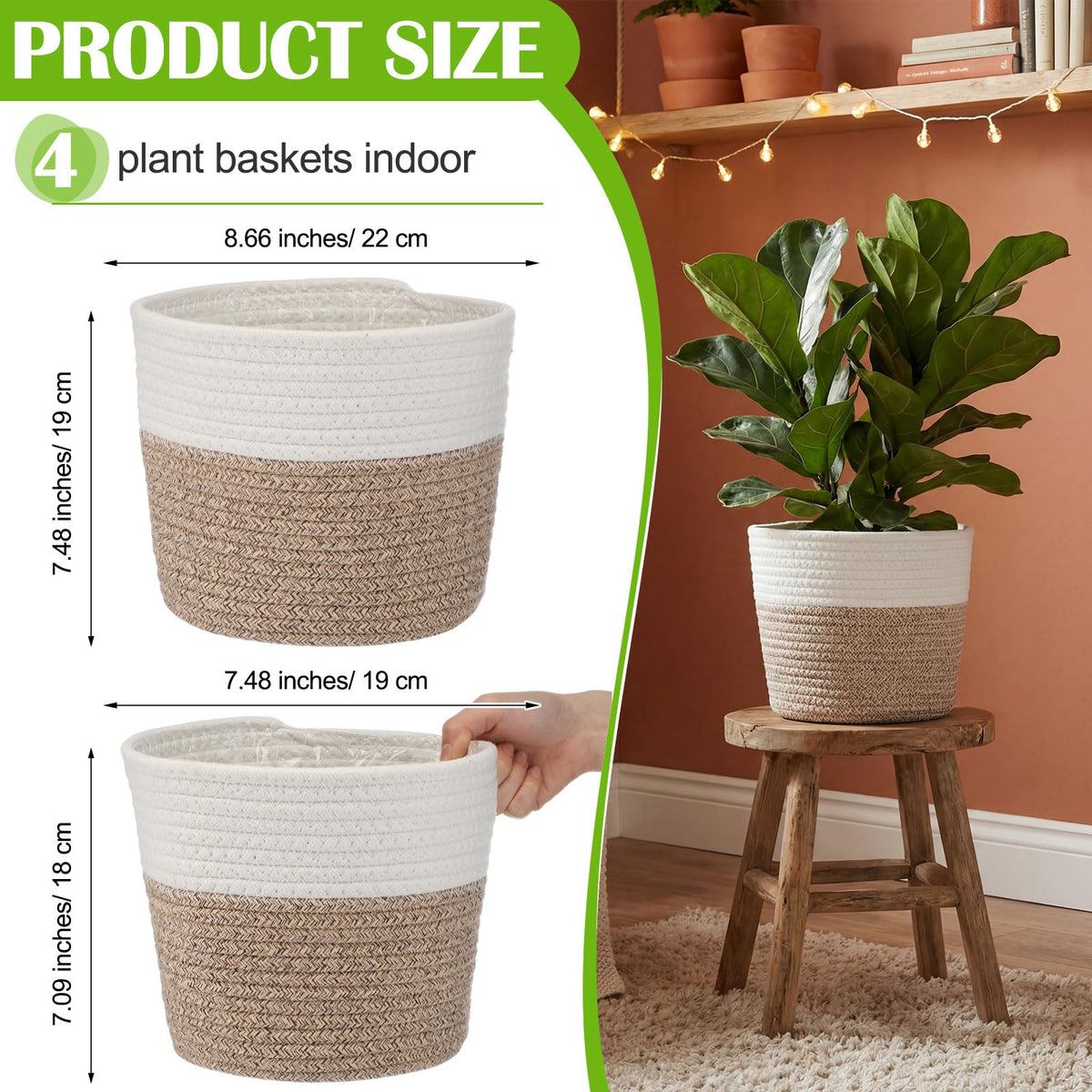 Fiwochic 4 Pcs Cotton Rope Plant Baskets Indoor Woven Flower Baskets with Plastic Liner, Plant Planter for Indoor Outdoor Spring Rustic Boho Home Farmhouse Floor Potted Pots Decor