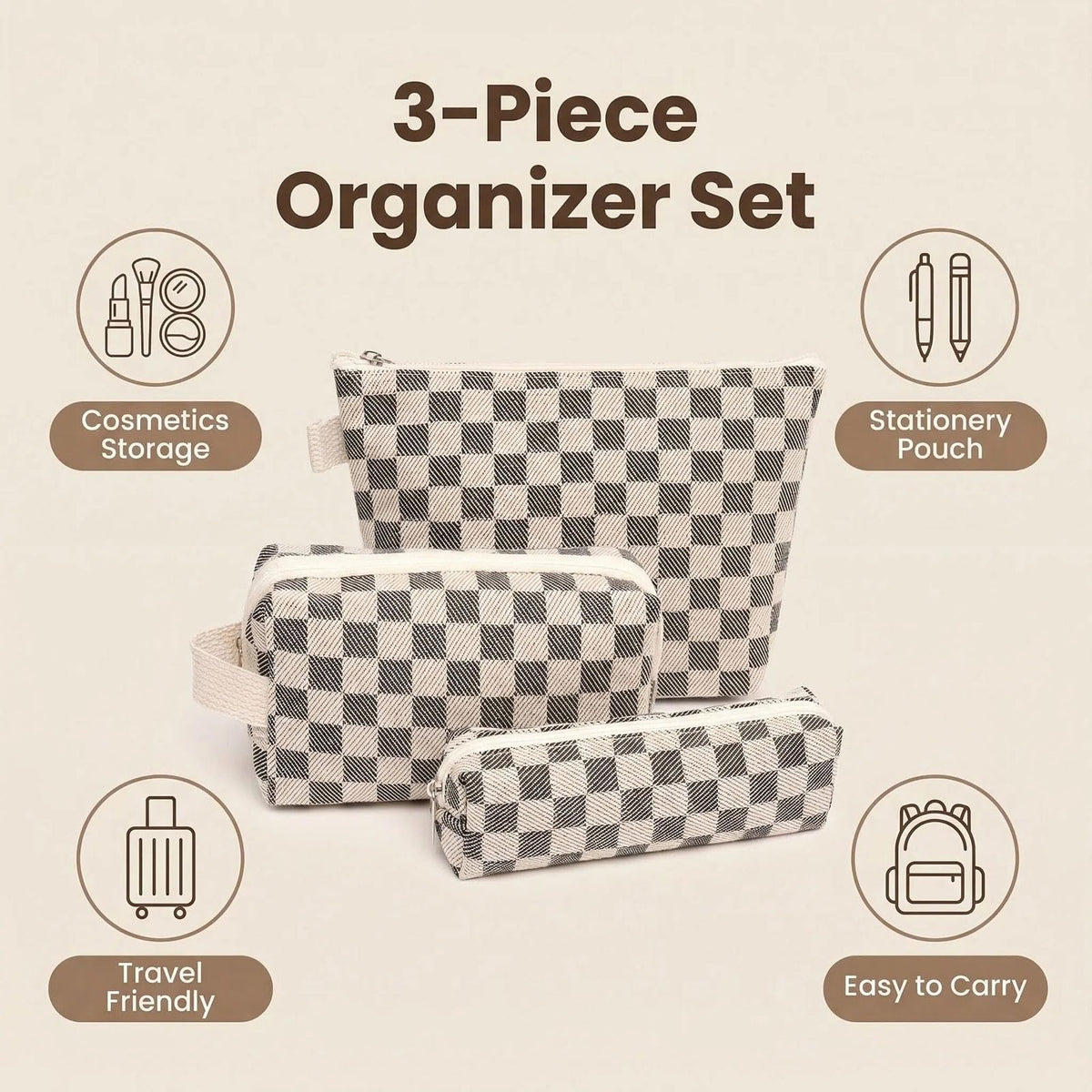 Beayuva 3 Pcs Canvas Makeup Bag Set Checkered Cosmetic Pouch for Women Travel Toiletry Bag Cute Makeup Organizer Purse Pouch Preppy Pencil Case with Zipper (Checkered Black)