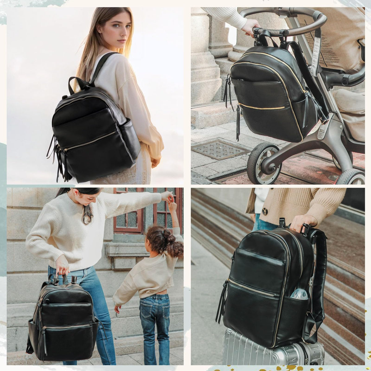 MOMINSIDE Diaper Bag Backpack Leather Diaper Bag with 6 Insulated Pockets, Baby Bag for Mom Dad, Baby Registry, Changing Pad, Stroller Straps,Diaper Backpack Diaper Bag Leather (Black)