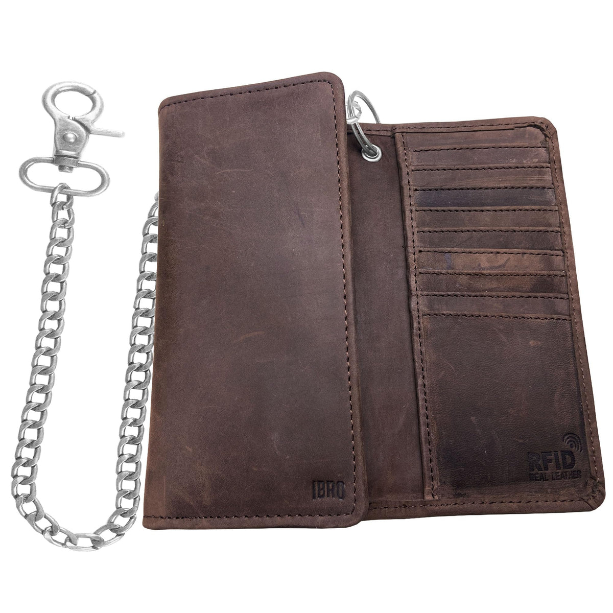 Motorcycle Chain Wallet for Men – Premium Cowhide Leather, RFID Tri-Fold Biker Wallet with Heavy Duty Chain for Bikers Truckers & Hunters, Credit Card Money Organizer Long Wallet Crazy Horse Brown