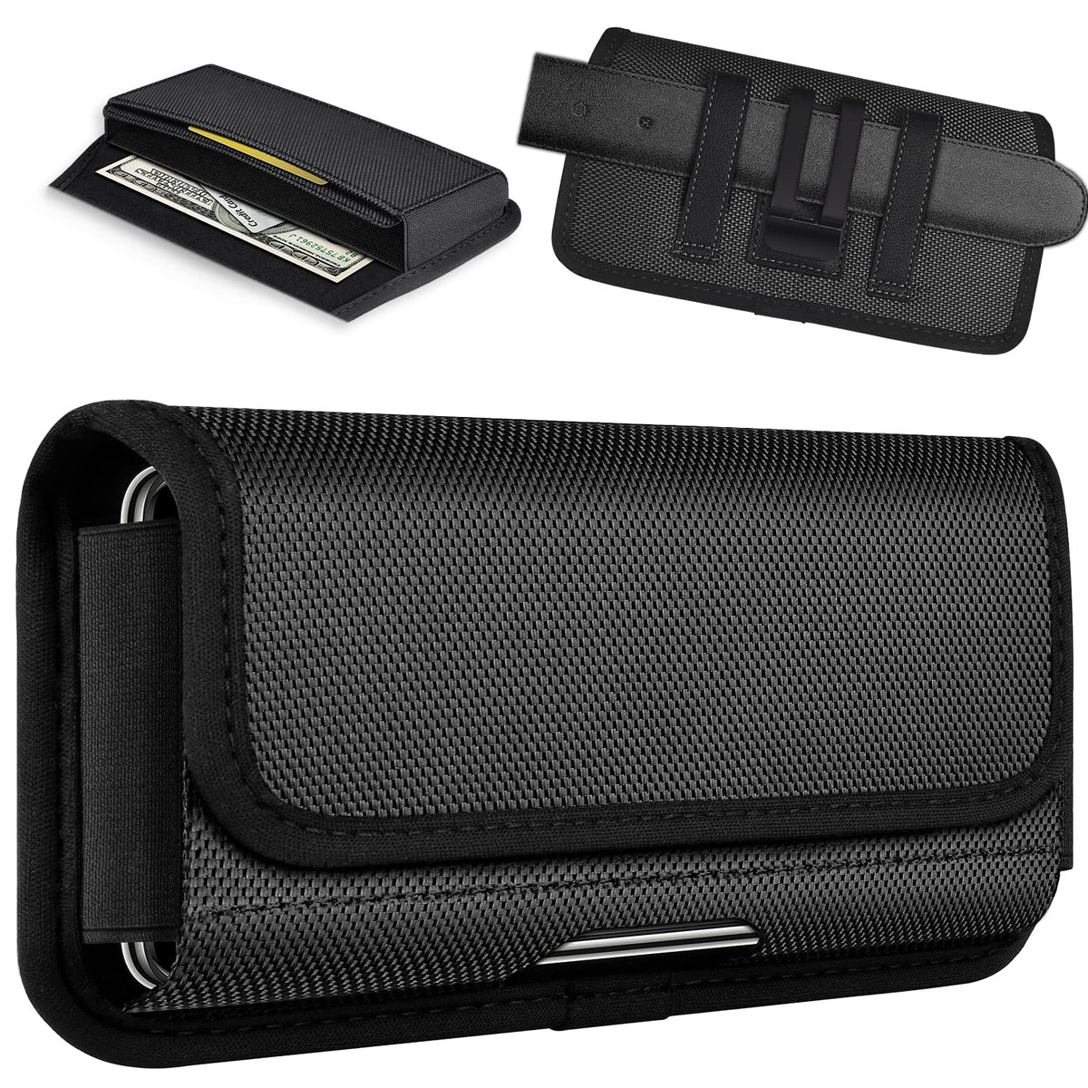ykooe Rugged Nylon Holster Compatible with iPhone 17 16 15 14 13 12 & Pro Models, Galaxy S25, S24, S23, S22,S21 Cell Phone Belt Holder for Men, Black - L